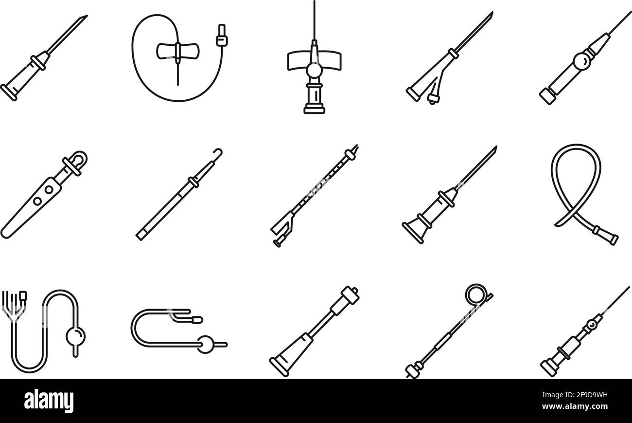 Set di icone per cateteri medicali, stile contorno Illustrazione Vettoriale