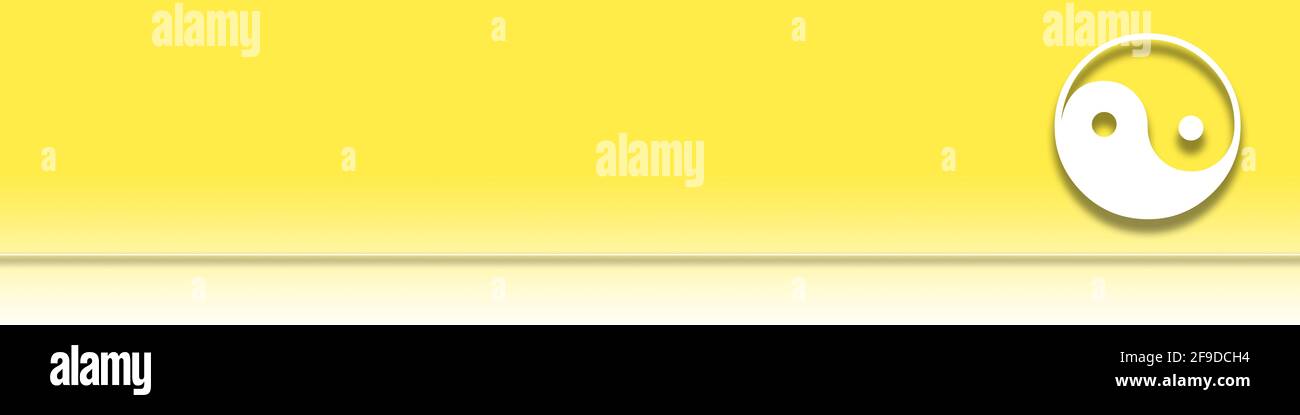 Uno sfondo giallo sfumato con l'icona bianca di Yin e yang sulla destra Foto Stock