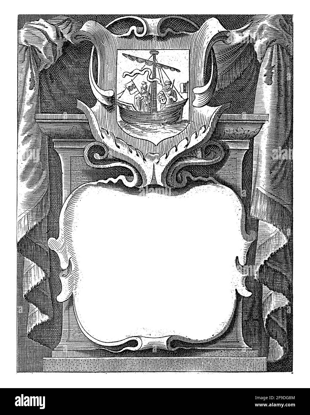 Altare con cartouche con il titolo. Sopra uno stemma con la cog ship di Amsterdam. Foto Stock