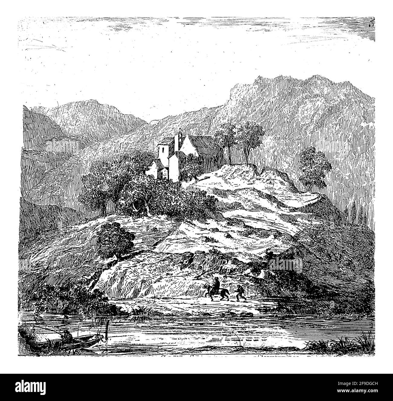 Un uomo a cavallo cammina con un altro uomo lungo le rive del fiume Aveyron. Sulla cima di una collina sopra di loro si trova il castello di Seeverac. Anteriore sinistro un pesce Foto Stock