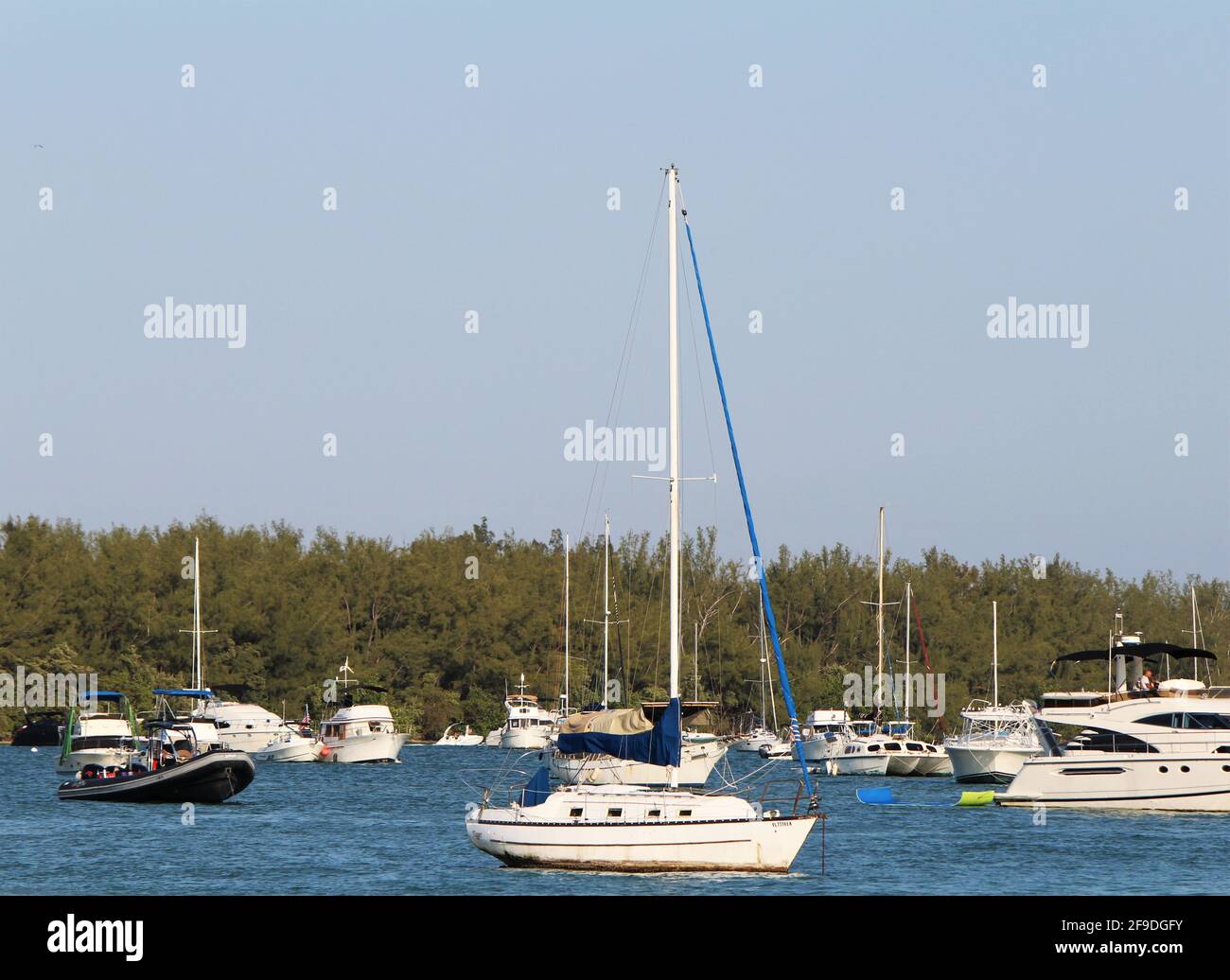 Barca a vela e altre barche parcheggiate nella baia di Key Biscayne. Brickell Downtown paesaggio urbano sullo sfondo. Le barche passano da un parcheggio nell'insenatura della baia Foto Stock