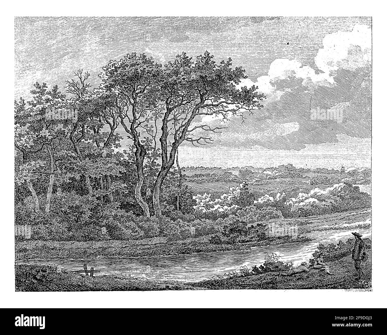 Paesaggio con fiume. Tre figure in primo piano sulla destra. Foto Stock