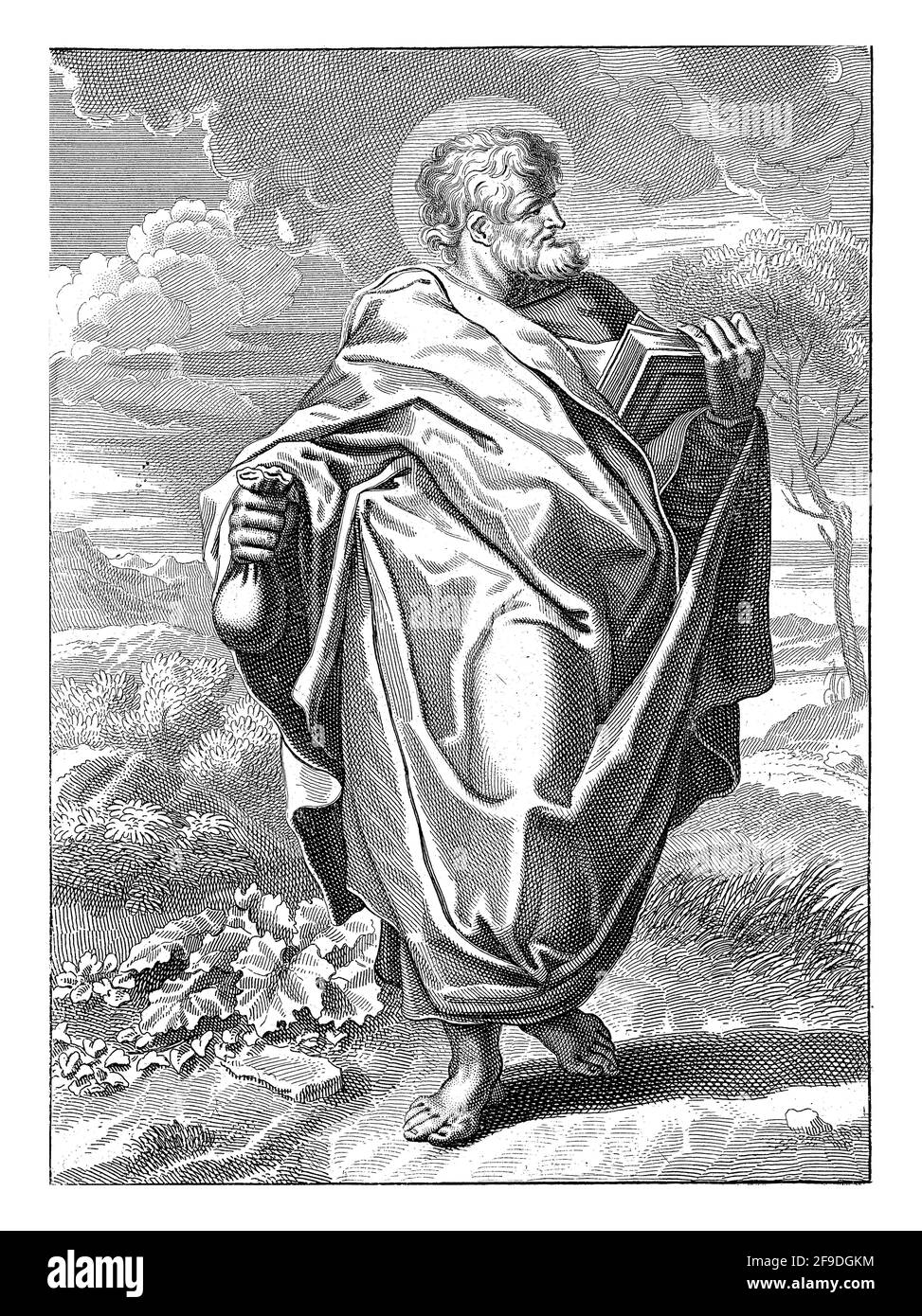 L'apostolo Matteo in piedi in un paesaggio con un libro e una borsa di denaro nelle sue mani. Sotto l'immagine un riferimento a PS. 92 in latino. Foto Stock