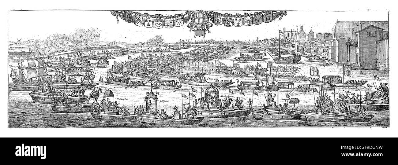 L'arrivo della Regina Caterina di Braganza a Londra sul Tamigi il 23 agosto 1662. È accolta dal sindaco e dai cittadini di Londra. Foto Stock