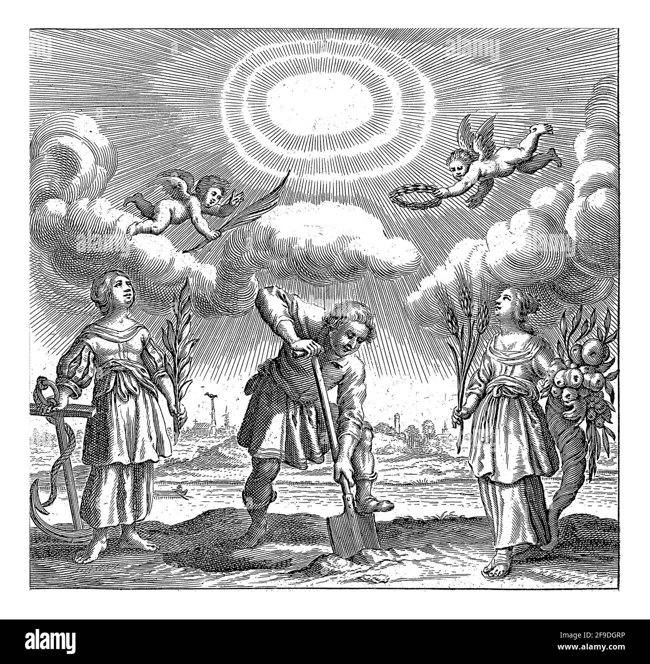 L'uomo mette a terra una pala tra le personificazioni della speranza e dell'abbondanza. Nei cieli il nome di Dio appare in lettere ebraiche. Foto Stock