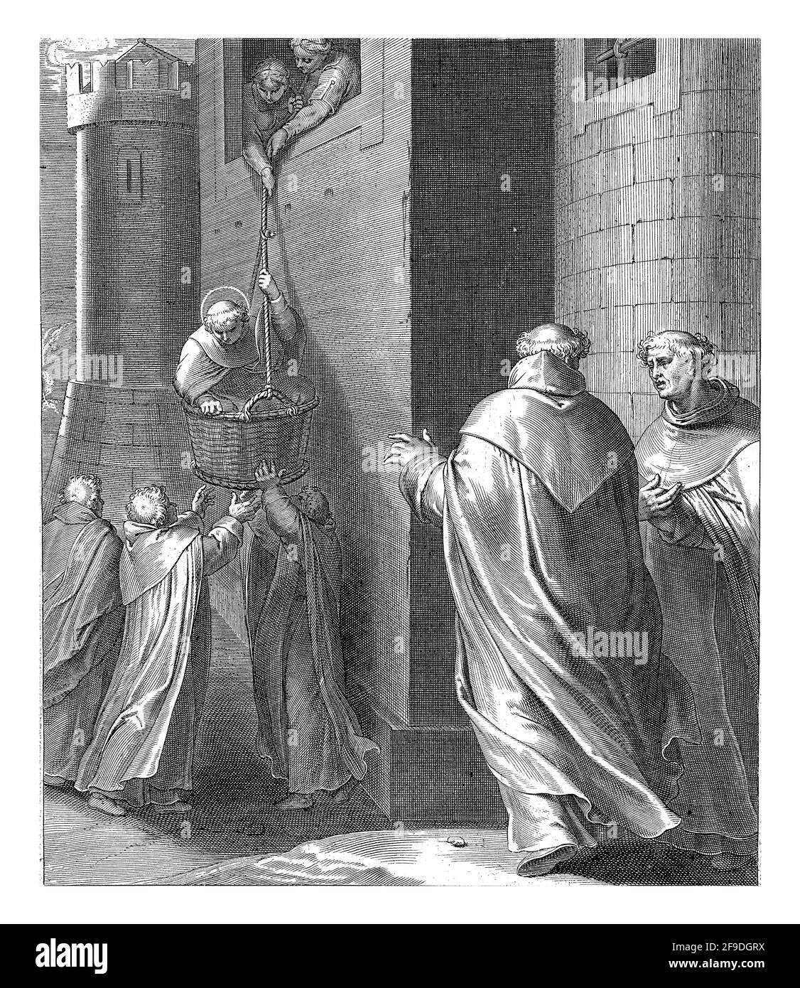 Thomas fugge dalla prigione con l'aiuto dei suoi fratelli e sorelle. In un cesto è abbassato attraverso la finestra su una corda. Foto Stock