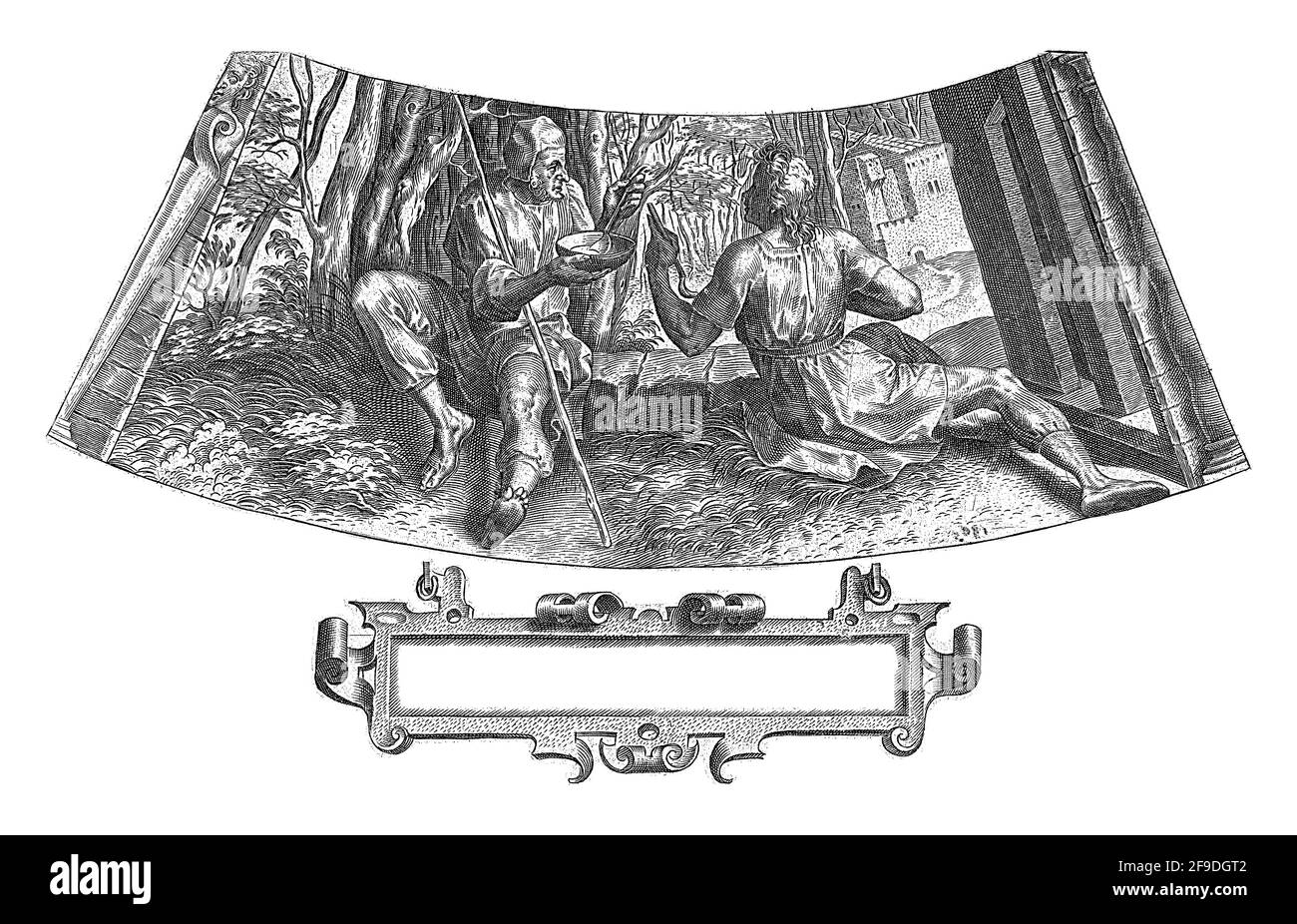 Ornamento per un bordo di piatto. Metà superiore: Giacobbe ed Esaù sono seduti sul pavimento di fronte ad una casa. Foto Stock Ornamento per un bordo di piatto. Metà superiore: Giacobbe ed Esaù sono seduti sul pavimento di fronte ad una casa. Foto Stock