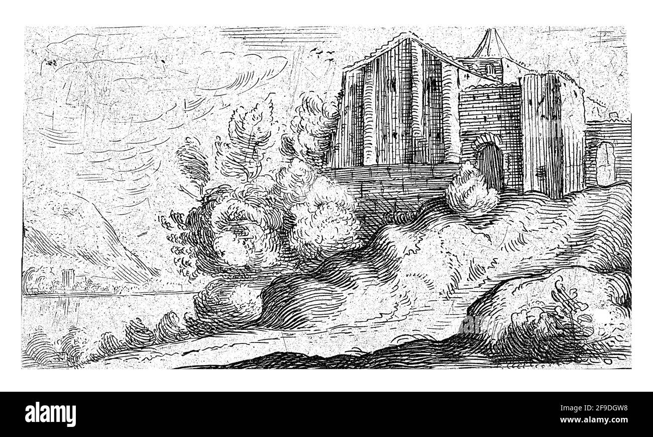 Edifici su una roccia vicino ad un fiume, anonimo, 1600 - 1699 Foto Stock