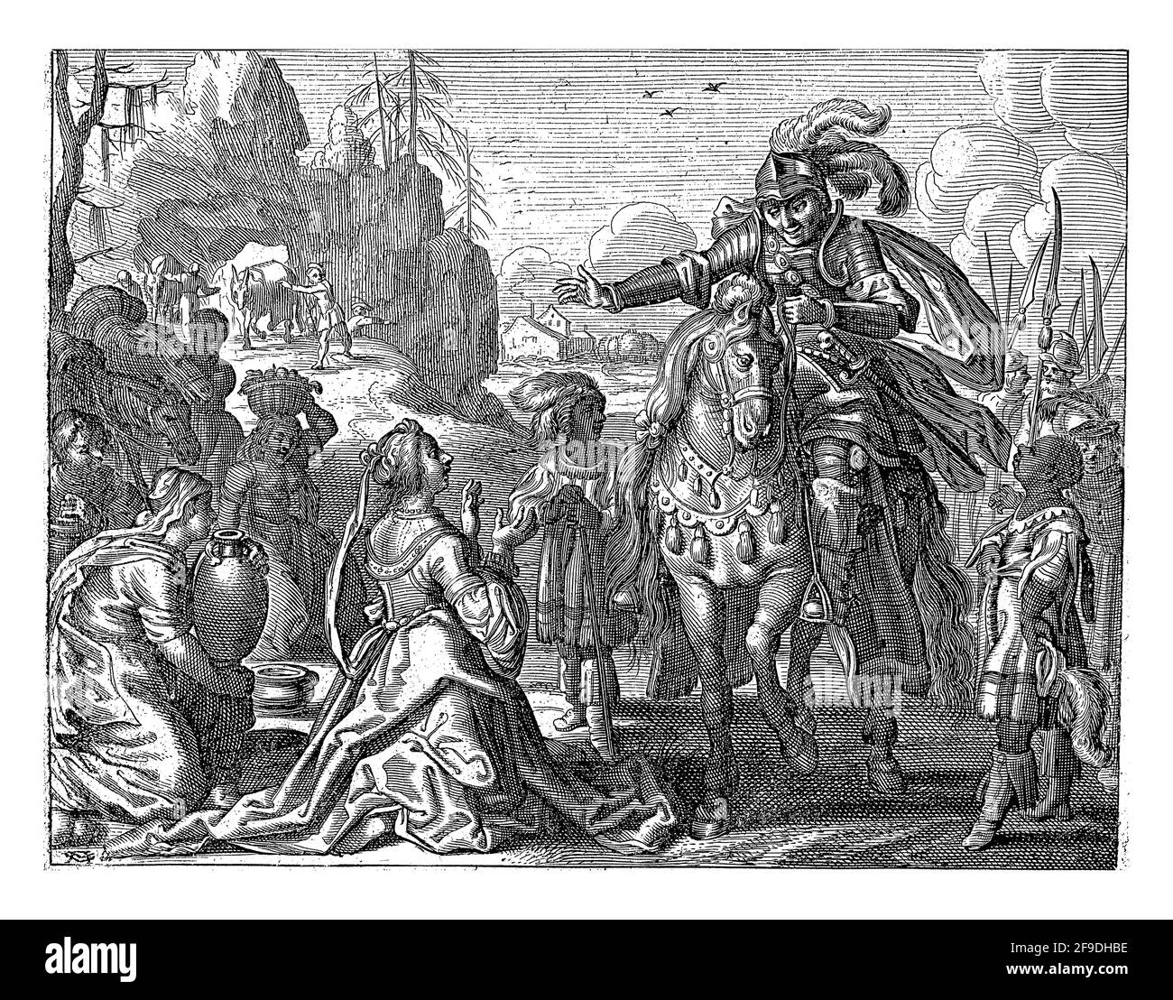 Abigail si inginocchia davanti a Davide, che deve sposare. Le sue fanciulle portano frutta e pane per Davide e i suoi sostenitori nel deserto. Foto Stock