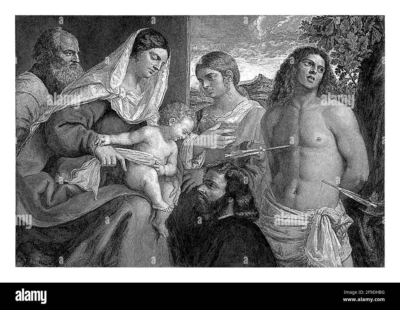 San Sebastiano, Maria con Bambino e tre figure. Sullo sfondo un ampio paesaggio collinare. Foto Stock