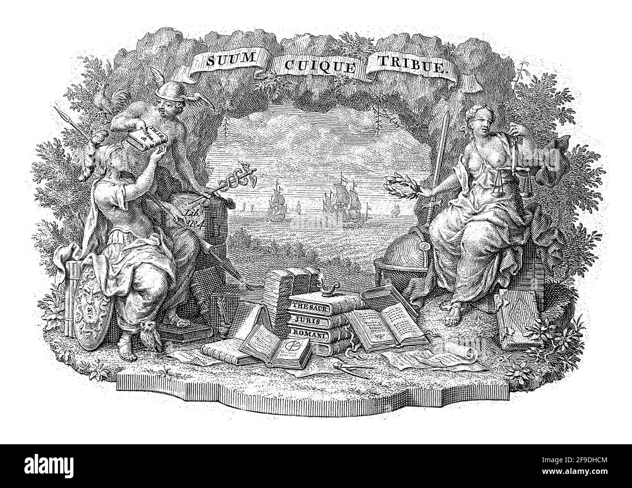 Vignetta con vista sulle navi in mare nel mezzo. Sulla sinistra si trovano Mercury e Minerva, che rappresentano il commercio. Foto Stock