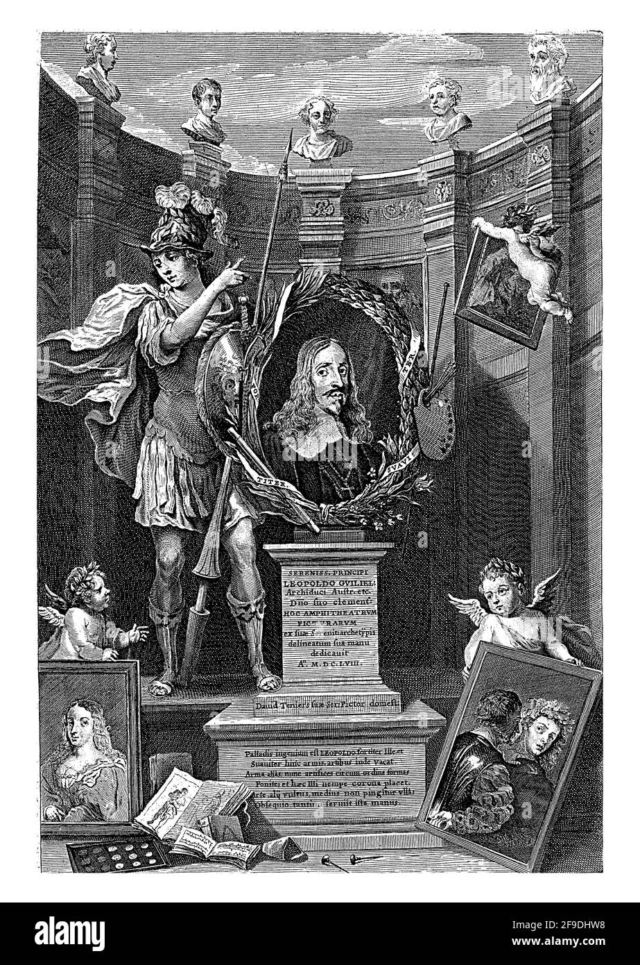 Ritratto di Leopold Willem, Arciduca d'Austria e Governatore del Sud dei Paesi Bassi, in una cornice ovale con il suo motto, su un piedistallo con una dedica Foto Stock