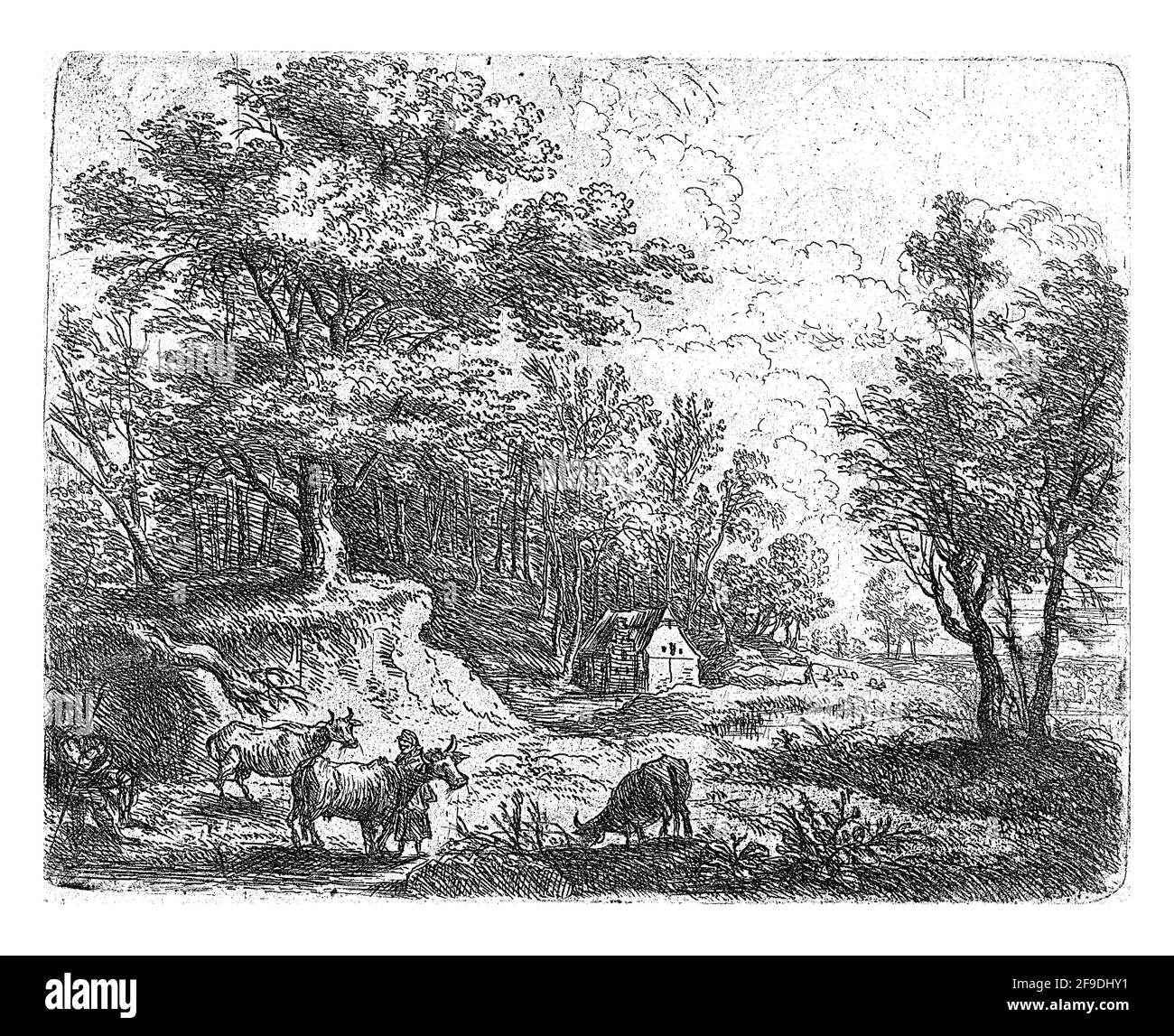 Da una serie di dodici. Paesaggio con tre mucche e una donna, all'estrema sinistra un uomo seduto con un bastone. Sullo sfondo un'azienda agricola a bordo di una foresta. Foto Stock