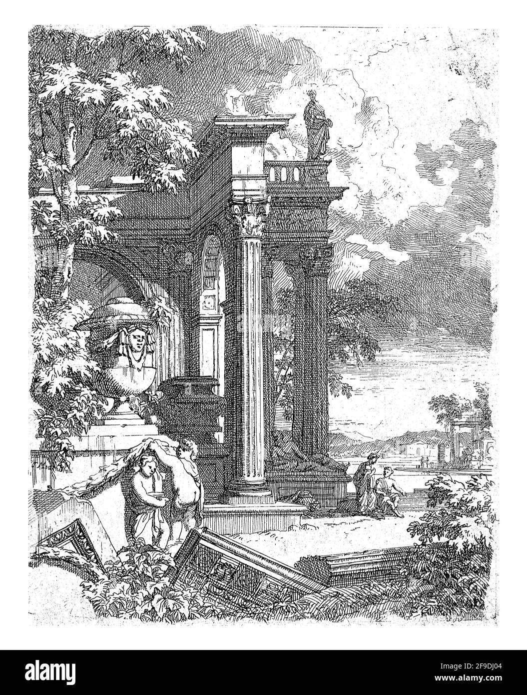 Paesaggio con un tempio classico e in primo piano due putti con una ghirlanda sotto un vaso da giardino Foto Stock