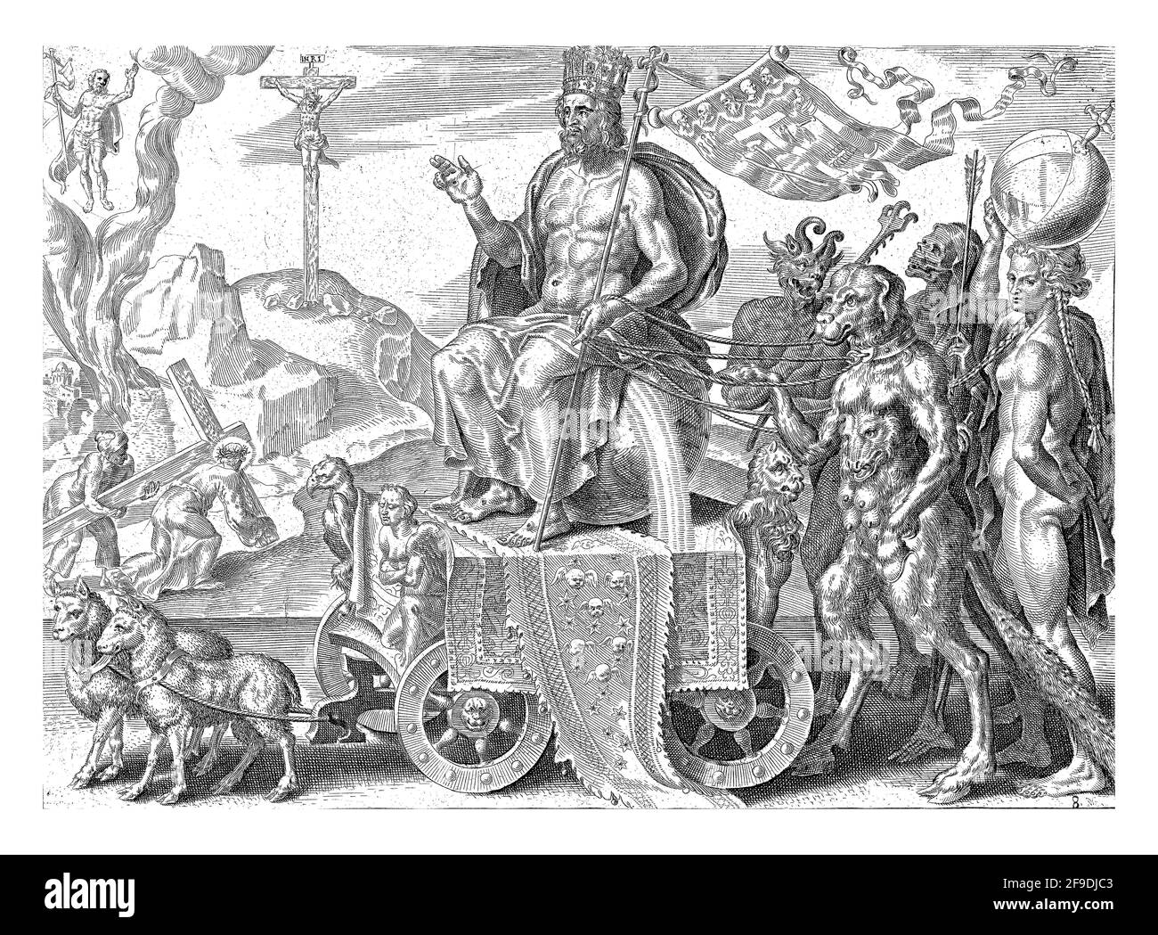 In primo piano Cristo cavalcando un carro trionfale disegnato da due agnelli. È intronizzato nel mondo. Nella sua mano sinistra una croce con una bandiera. Sulla b Foto Stock