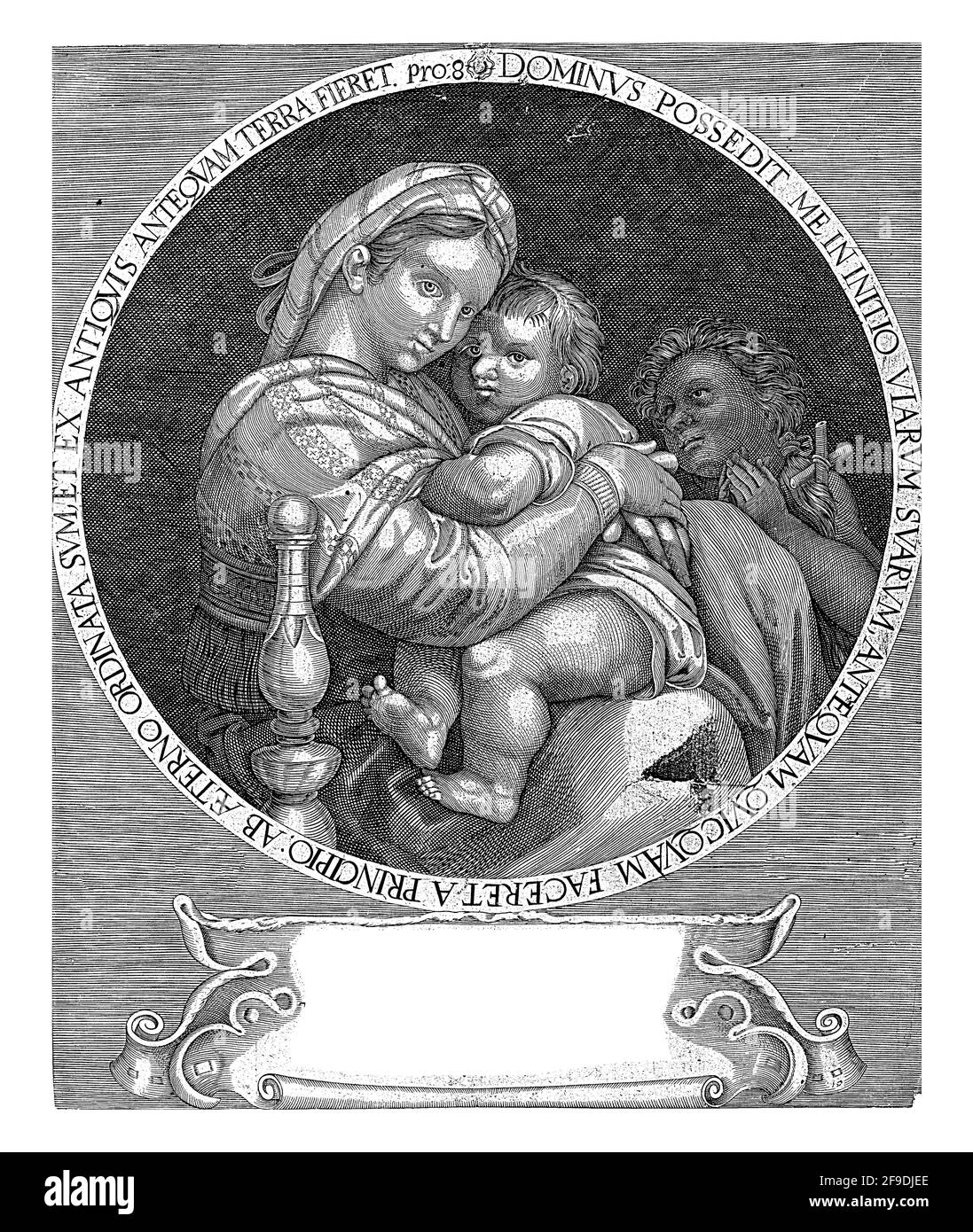 Maria con il Cristo Bambino e Giovanni Battista, posta in una cornice circolare con testo. Sotto una cartouche con un testo latino a quattro righe. Foto Stock