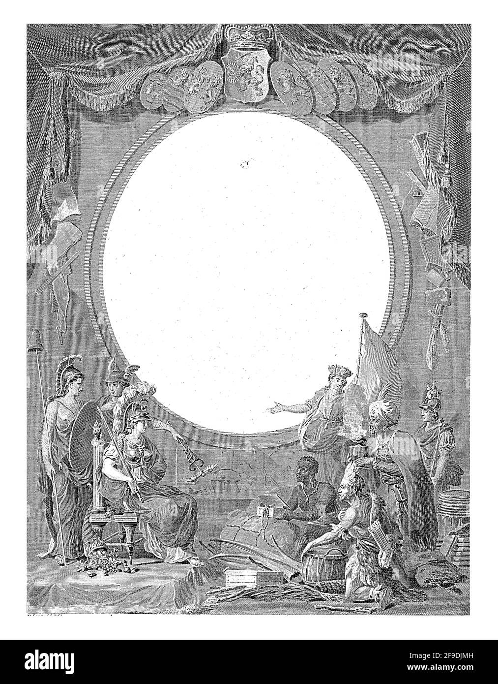 Al centro una cornice ovale vuota. Sopra di essa lo stemma della Repubblica e gli stemmi delle sette province da una tenda. Il personifico Foto Stock