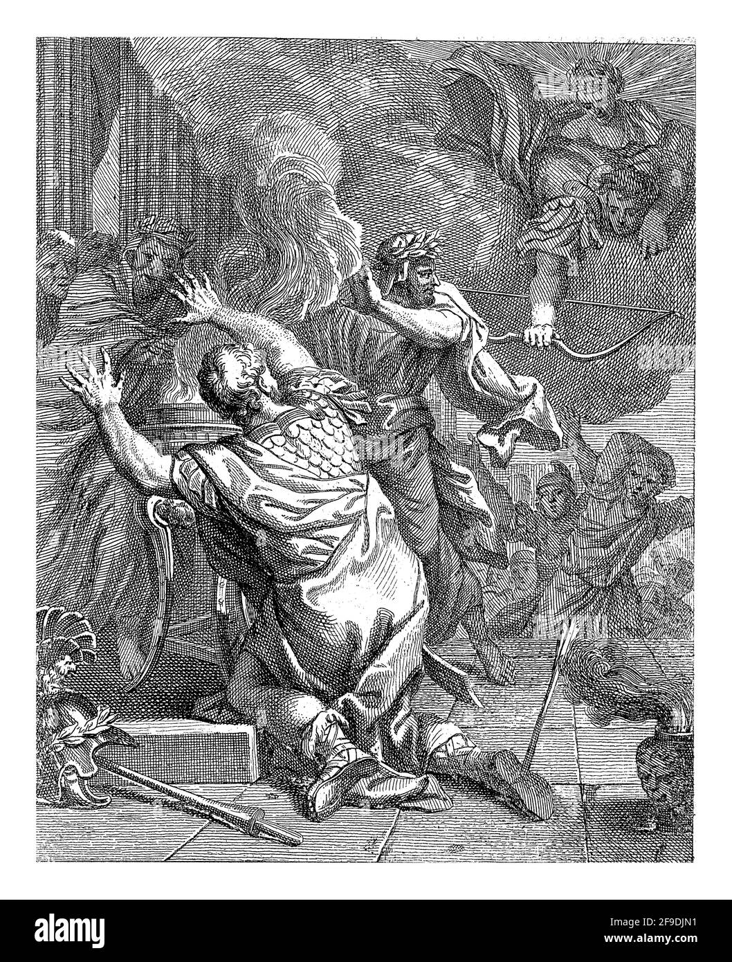Achilles colpito da una freccia nel suo unico punto debole, il suo Heel, mentre facendo un sacrificio ad un altare.parecchi astanti intorno a. Aar. In alto a destra, Apol Foto Stock