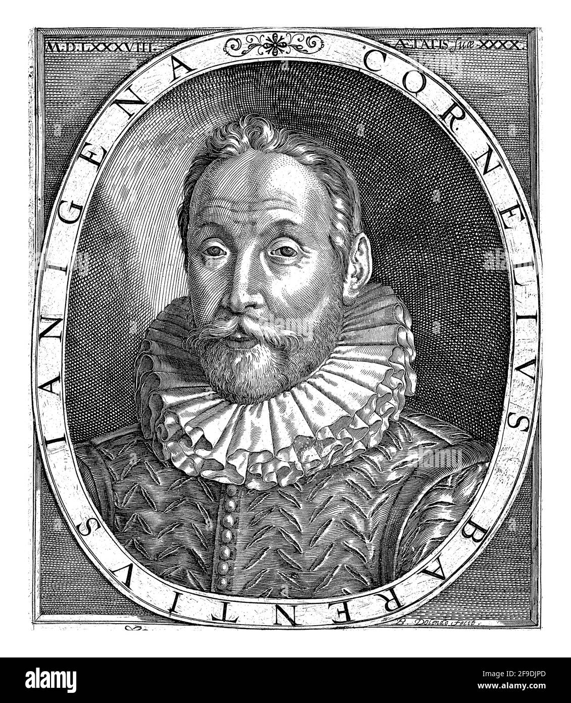 Ritratto di Cornelis Jan Barents all'età di 40 anni, in forma ovale con scritta sul bordo. Sotto il ritratto il suo motto: Aeternitatis ad Scopum. Foto Stock