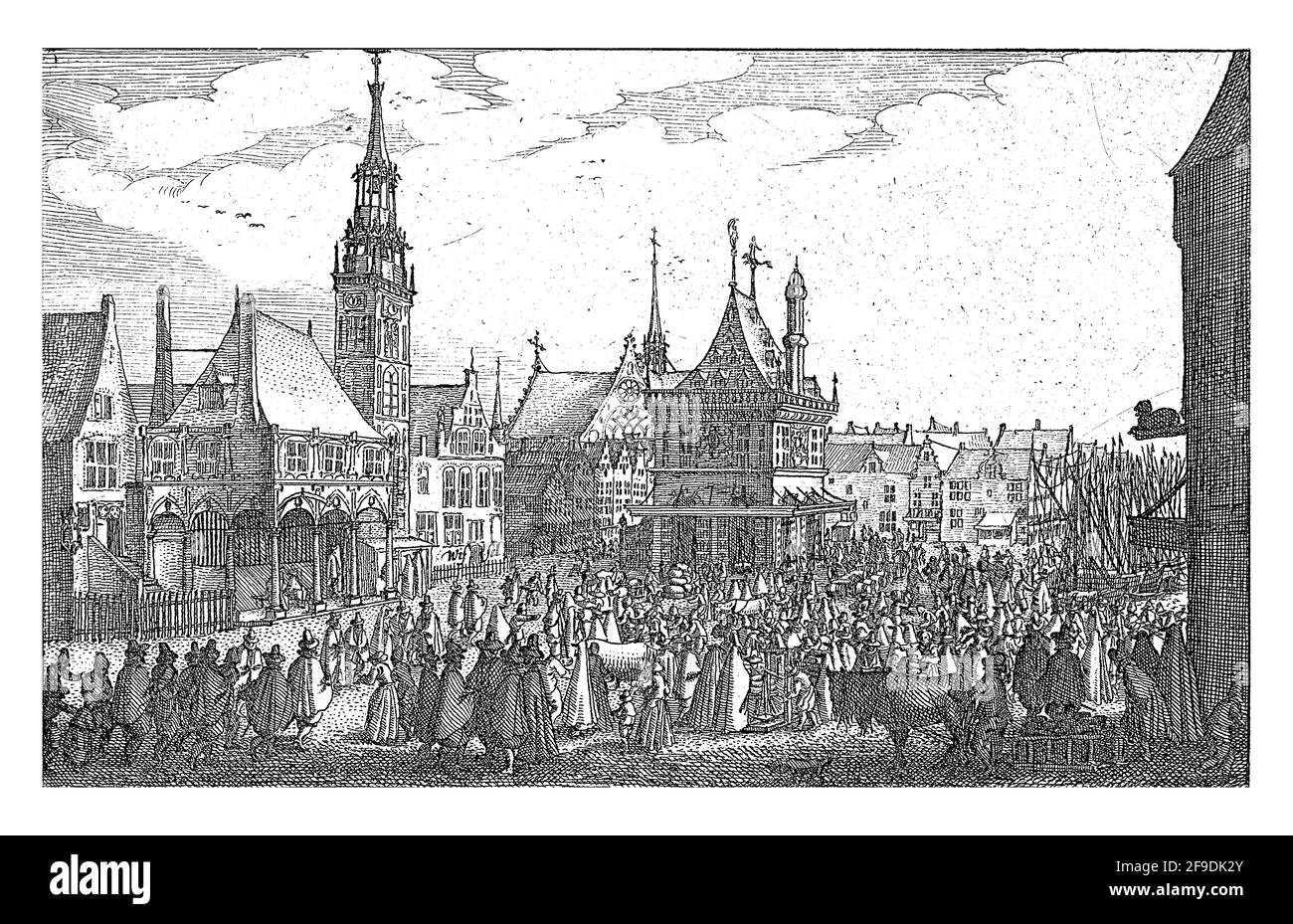 Vista della diga di Amsterdam. Lasciò il Vecchio Municipio, ancora con la guglia che fu demolita nel 1615. A destra di essa la Wisselbank e, nel Foto Stock