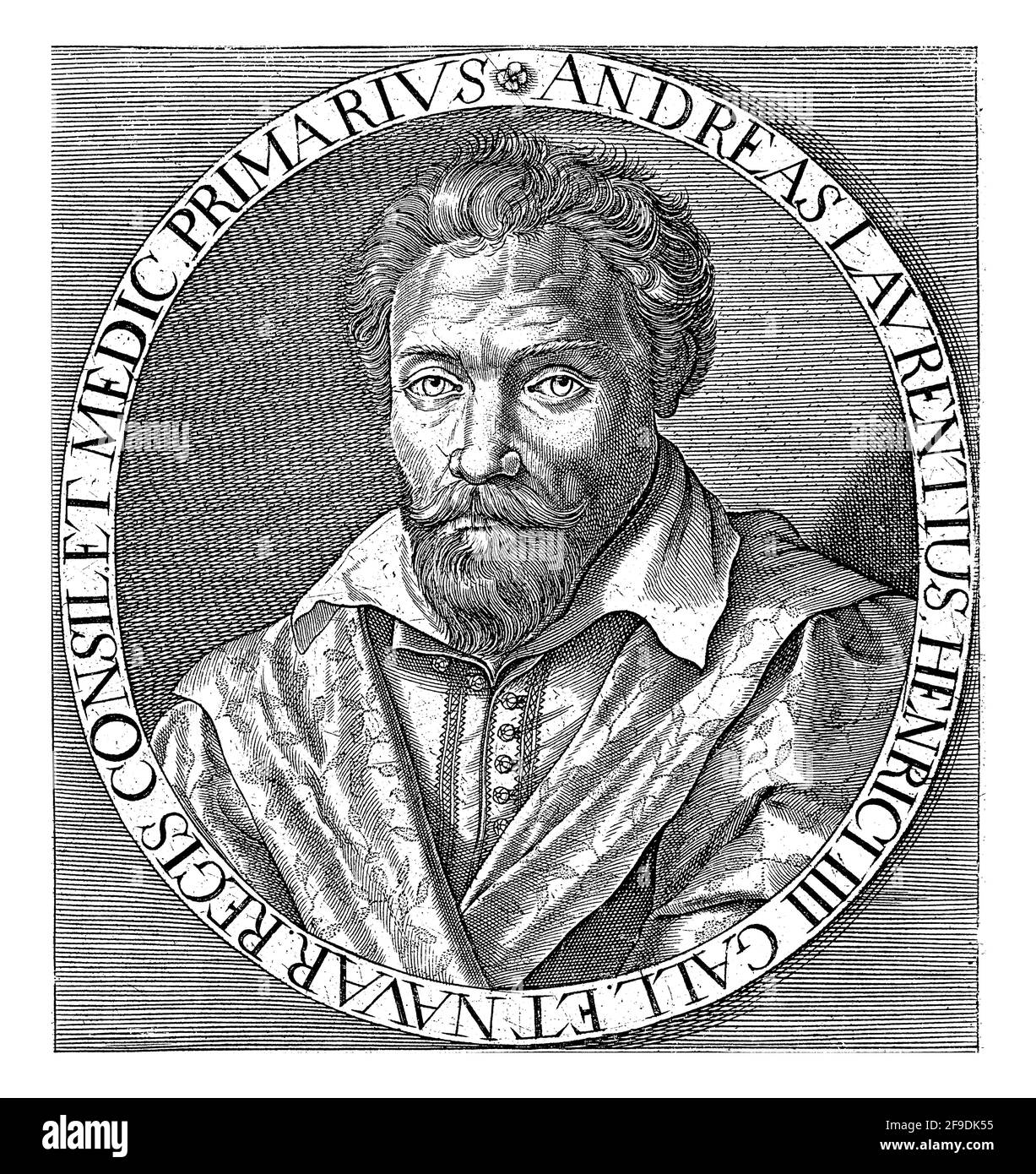 Ritratto di Andre du Laurens, medico al re francese Enrico IV Numerato in basso a destra Foto Stock