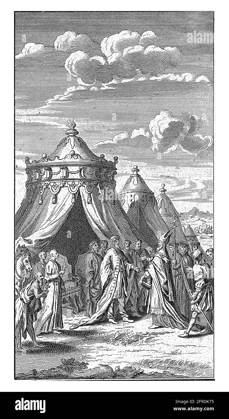 Un incontro tra un principe e un vescovo si svolge di fronte ad una serie di tende riccamente decorate. Foto Stock