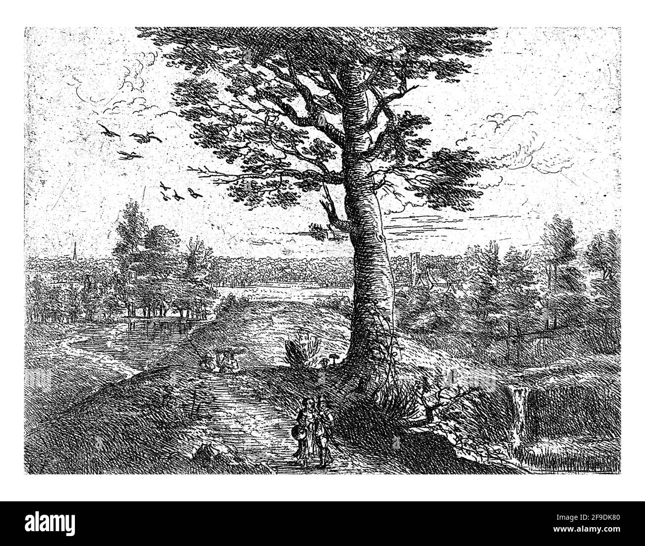 Terzo di una serie di otto. Paesaggio con un grande albero su una collina e una coppia a piedi. Foto Stock