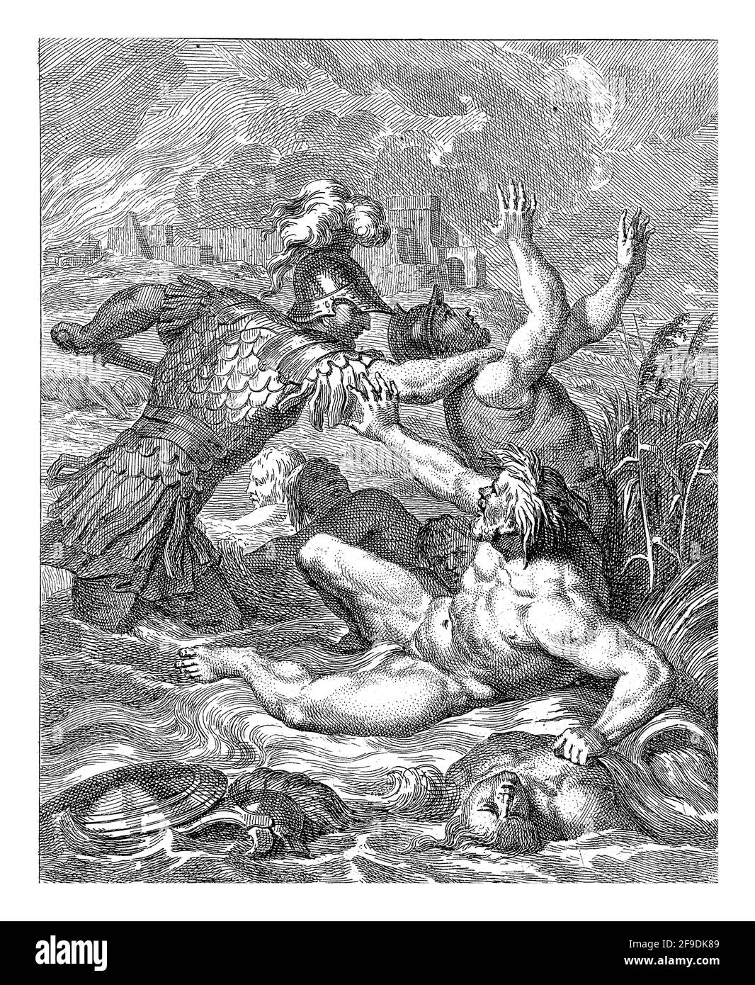 Achilles, in piedi in un fiume con acqua infuriante. In primo piano il dio del fiume Scamander, raggiungendo il braccio di Achille, che sta per pugnare una T Foto Stock