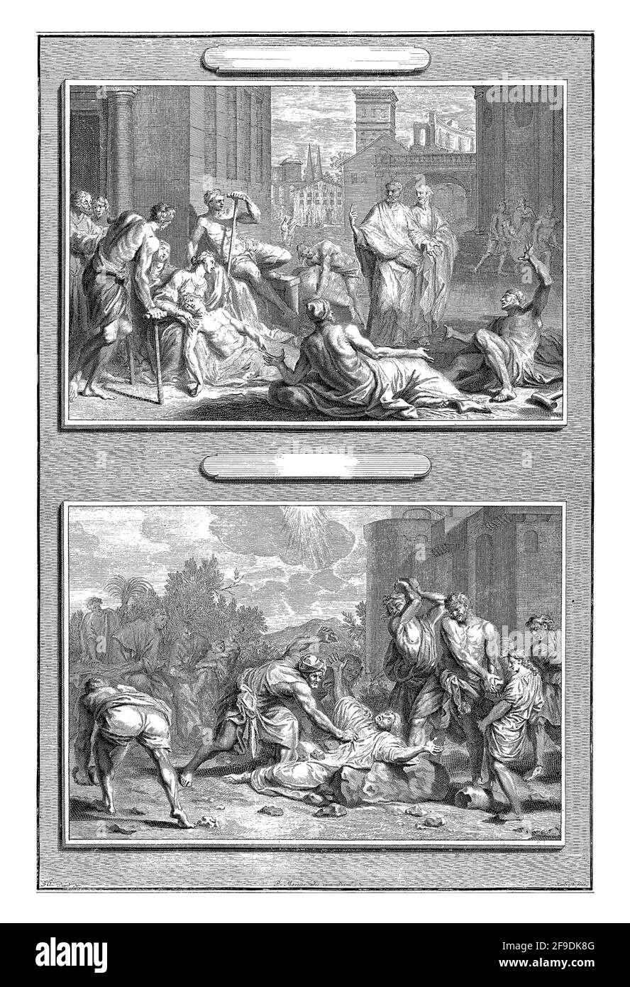 Due prestazioni di un piatto. Sopra l'immagine di Pietro che guarisce i malati in strada con la sua ombra. Sotto la lapidazione di Stephanus. Foto Stock