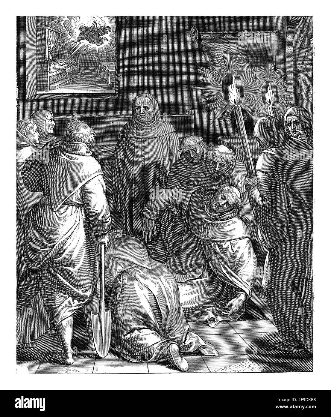 Un monaco solleva il corpo di Thomas Aquinas dalla sua tomba. Altri monaci stanno guardando. In alto a sinistra, Thomas Aquinas appare nel sogno di un abate. Foto Stock