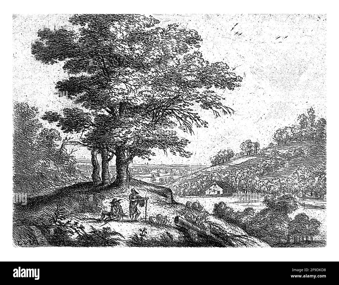 Da una serie di dodici. Paesaggio con un fiume e un pastore in piedi e seduto su una piccola collina con tre alberi. Foto Stock