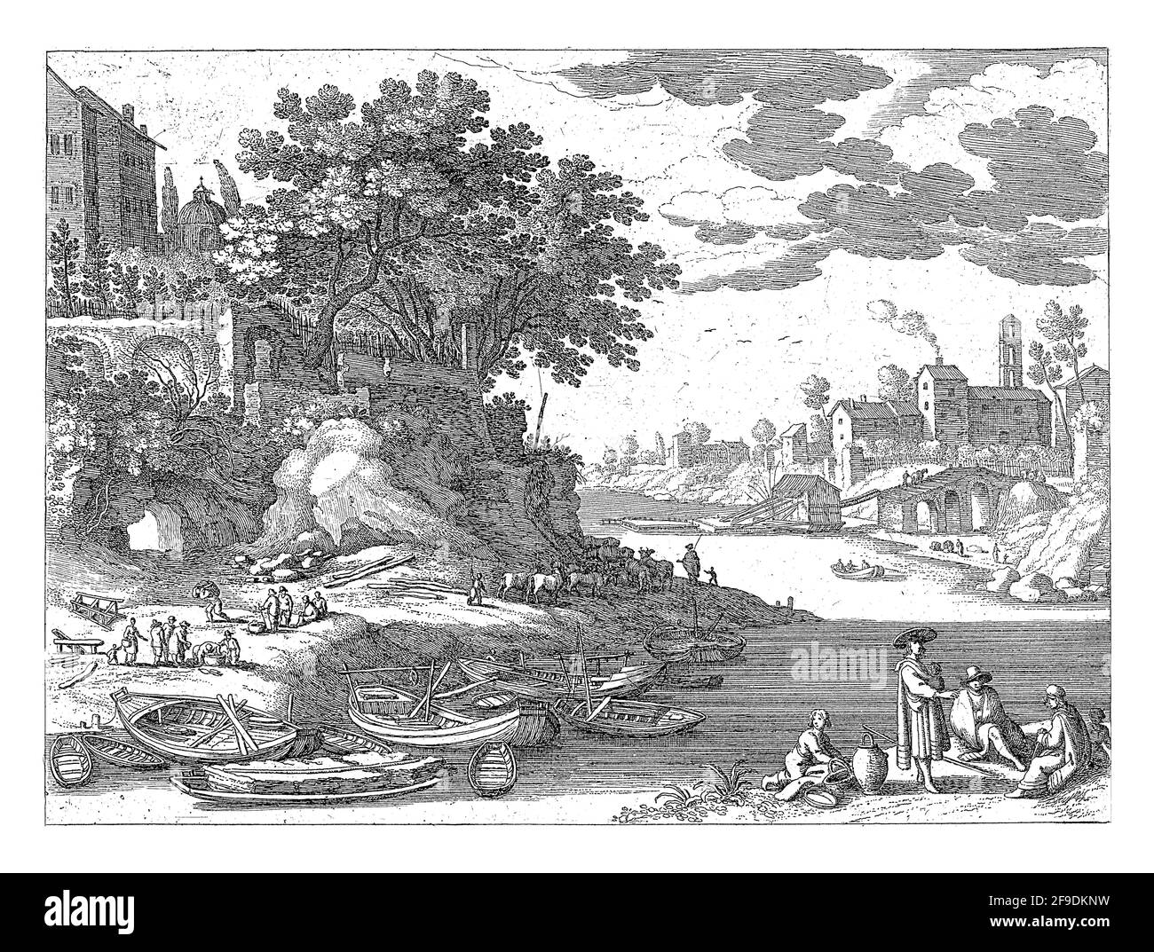 Porto su un fiume con barche a remi ormeggiate. Sulla riva sinistra diverse figure e una mandria di bovini. Sulla riva destra, una donna con un bambino in un'imbragatura stan Foto Stock