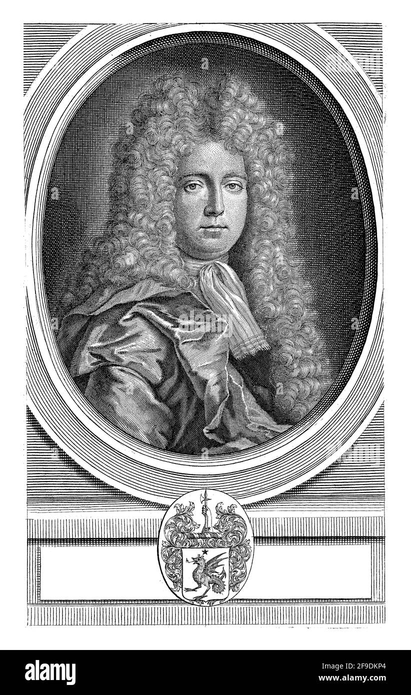 Ritratto di James Drake. Sotto la scena uno stemma e nella cornice il nome della persona raffigurata. Foto Stock