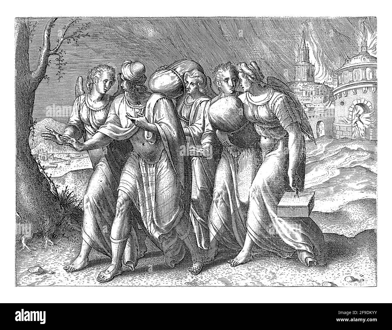 Lot lascia la città di Sodoma con le sue figlie. Due angeli mostrano loro la via. Sullo sfondo la città ardente. Sulla strada la moglie di Lot rimane dietro Foto Stock