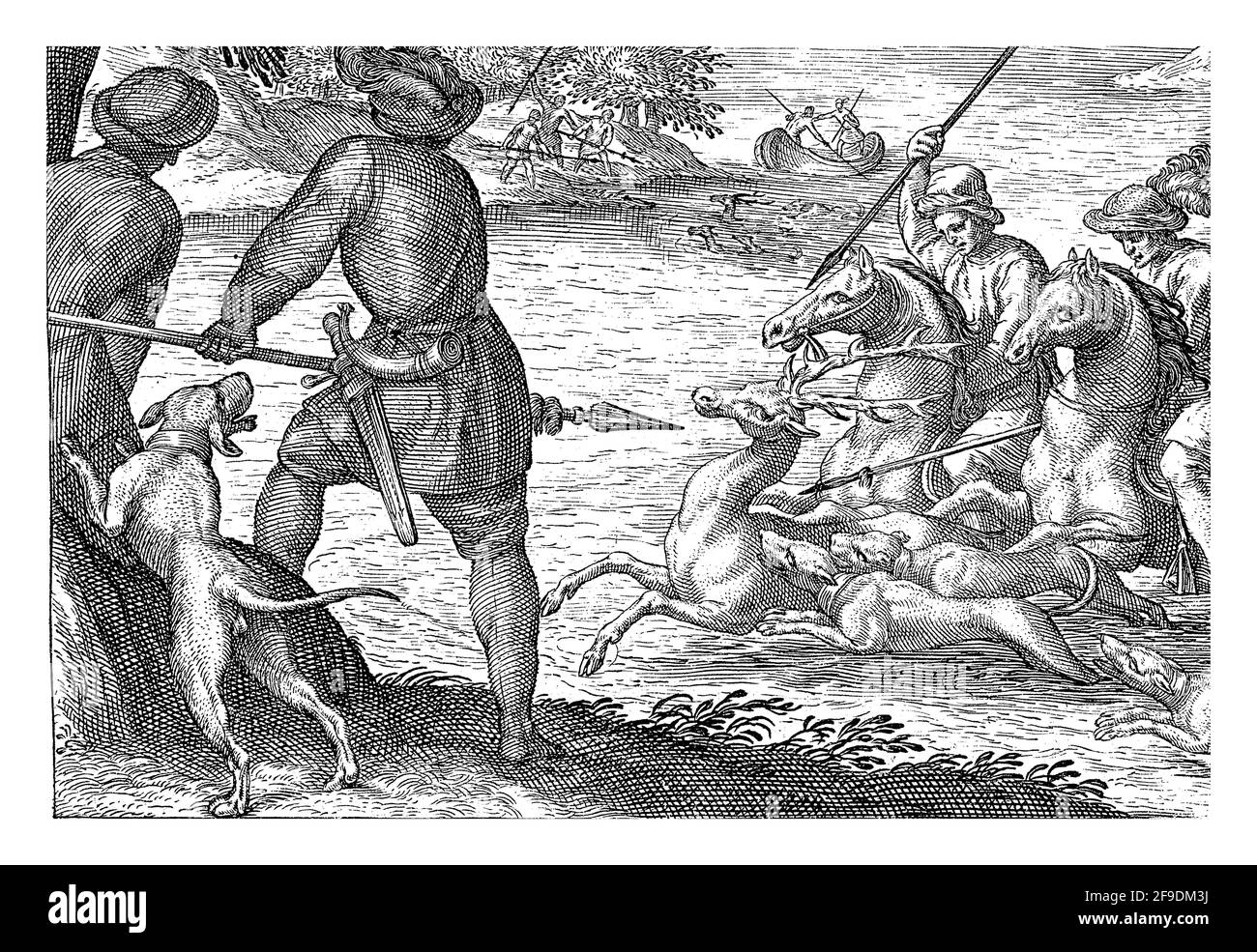 Paesaggio con due cavalieri e tre cani in un fiume. I cavalieri puntano le loro lance verso un cervo. Sulla riva sinistra, due cacciatori e un cane, visto da dietro Foto Stock