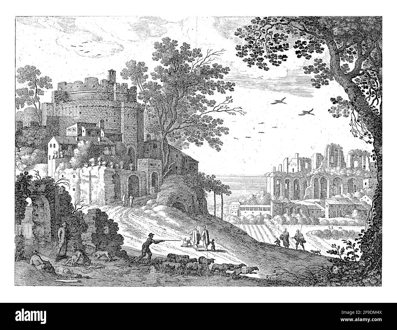 In un paesaggio italiano ci sono diversi edifici sul lato destro della strada, una rovina sulla sinistra. In primo piano un pastore con il suo gregge di Foto Stock