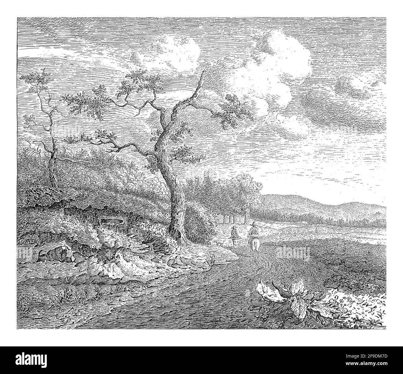 Due falconieri sulla loro strada, uno a cavallo, l'altro a piedi. Un cane cammina davanti a loro. A sinistra due alberi e arbusti. Foto Stock