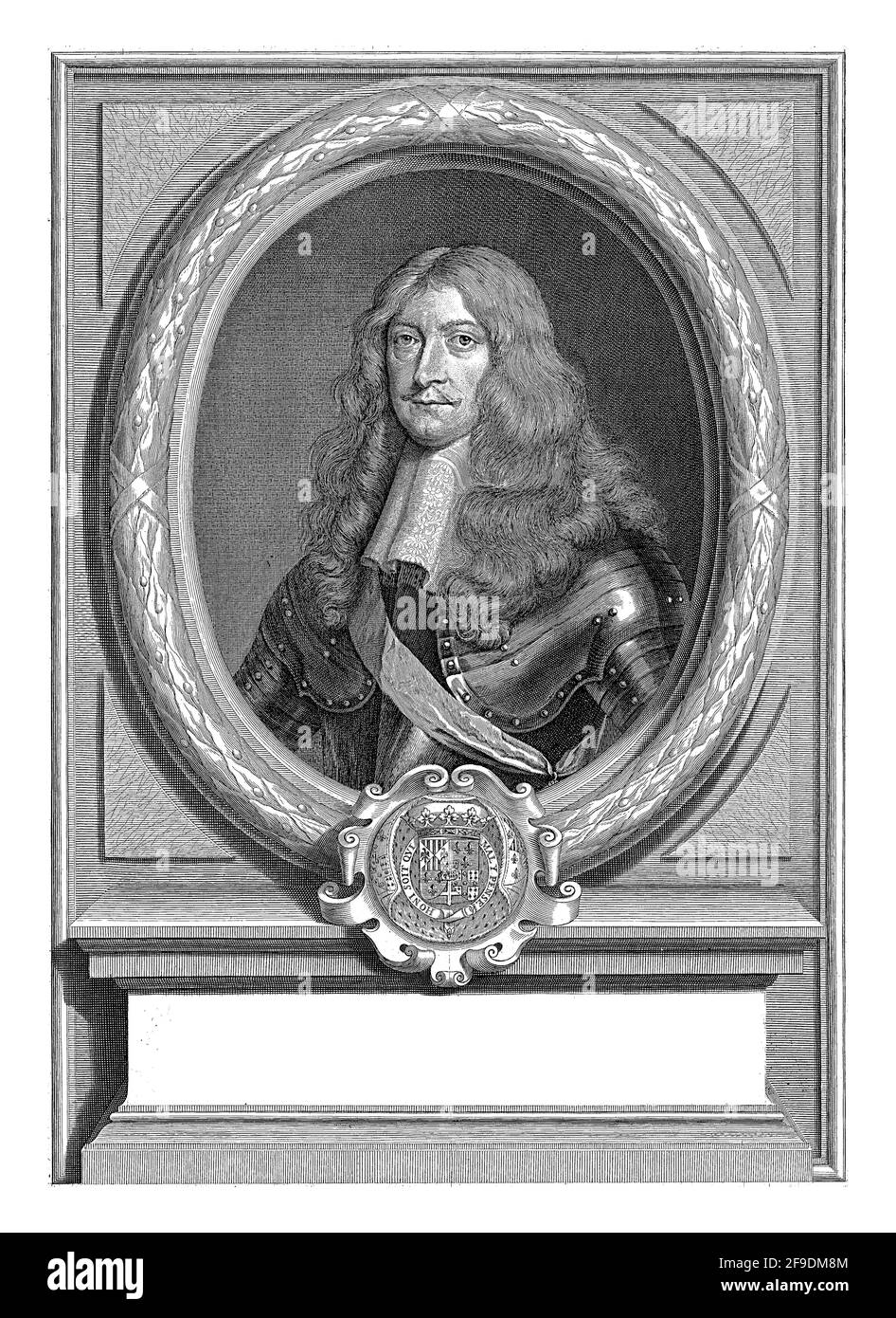 Ritratto di Hendrik Karel de la Tremouille, Duca di Tremouille e Thoars, Principe di Taranto. Indossa un'armatura. Sul telaio sono presenti uno stemma con m Foto Stock