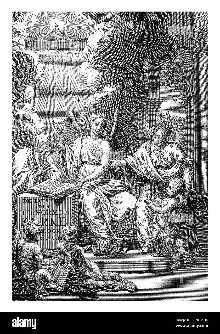 La personificazione della Chiesa Riformata siede su un trono e sale con i piedi sui simboli del cattolicesimo. Foto Stock