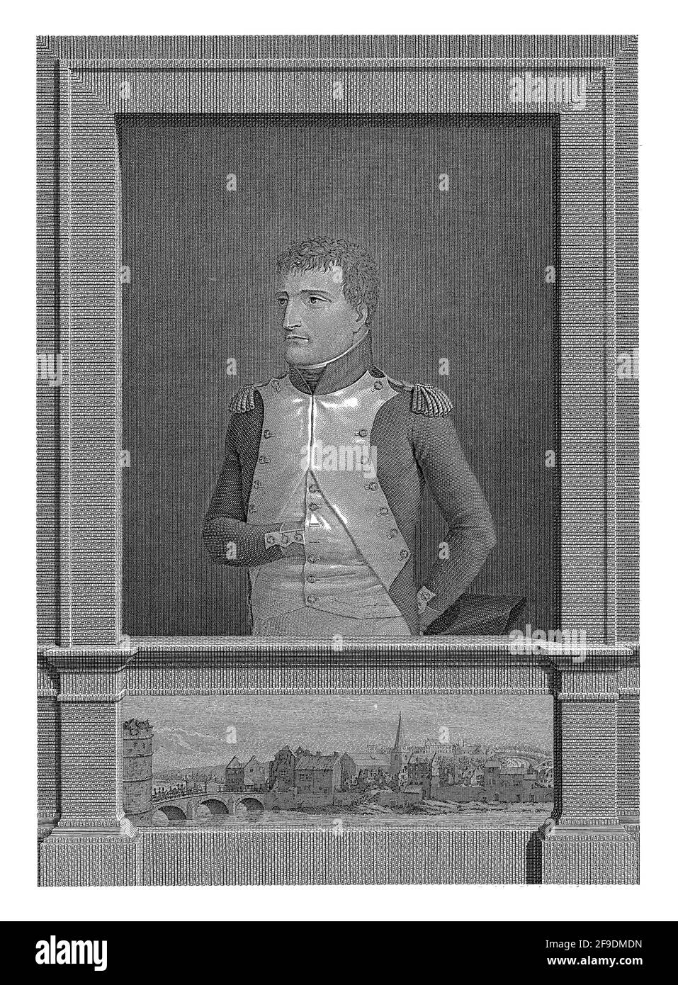 Ritratto di Napoleone, in uniforme, con la mano destra nel gilet. Sotto il ritratto una vista del quartiere Faubourg d'Amercoeur di Liegi, bombardato da Foto Stock