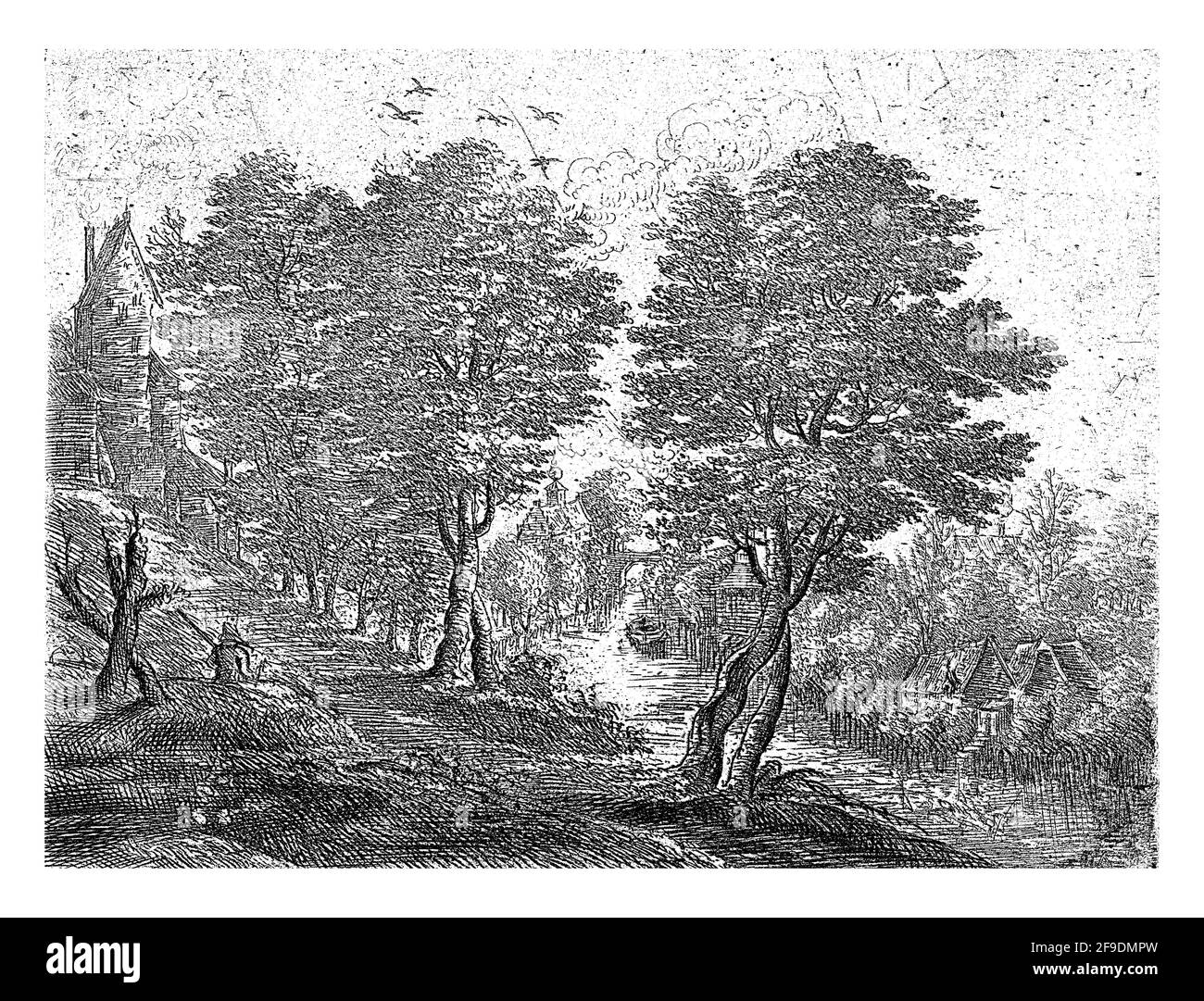 Secondo in una serie di otto. Paesaggio con case lungo un fiume e un contadino seduto. Foto Stock