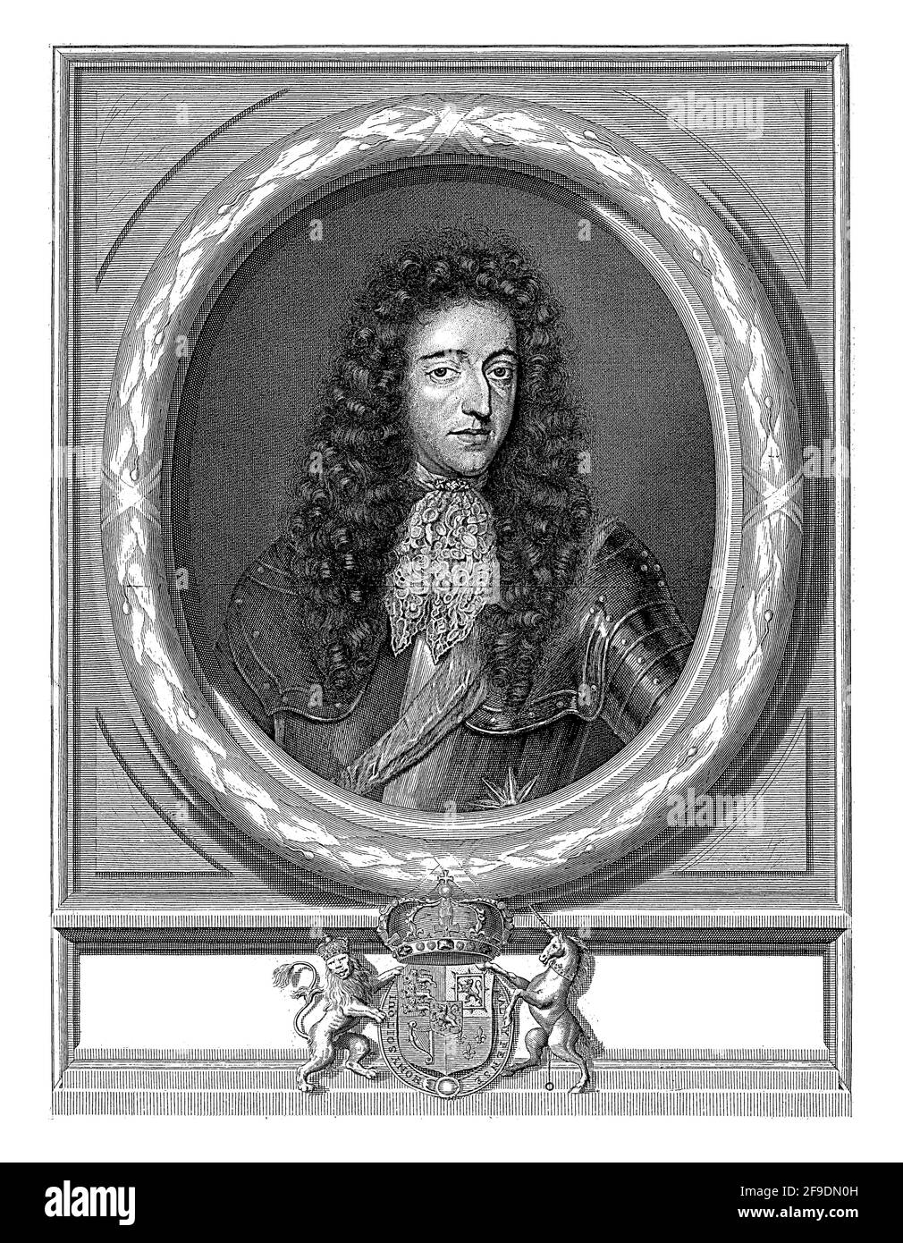 Ritratto di Guglielmo III in un ovale di foglie di quercia. Al centro del suo stemma con una corona, un leone e un unicorno, decorato con il Garter e. Foto Stock