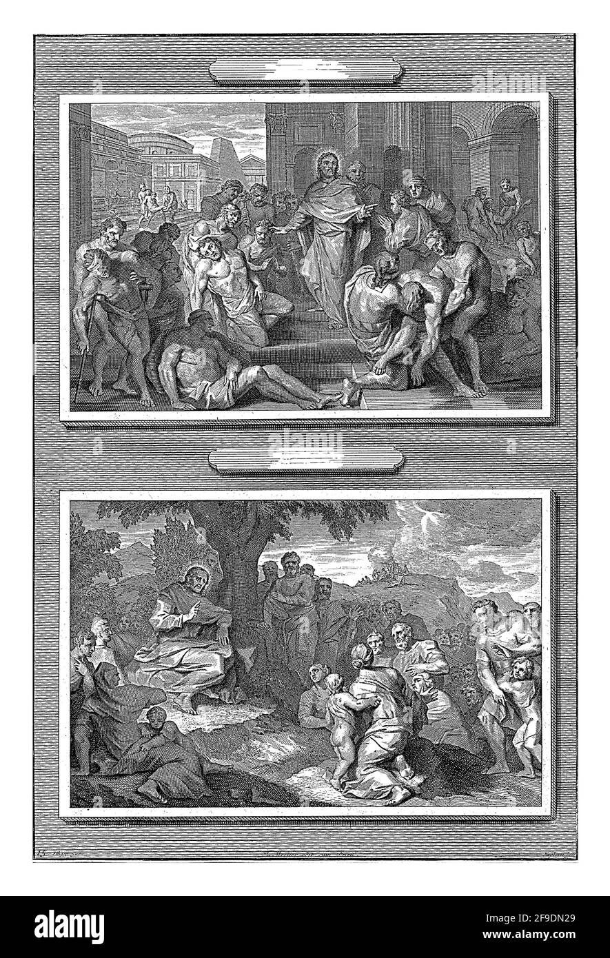 Due immagini su una piastra che accompagnano il Vangelo di Matteo. Nel quadro superiore, Cristo è in mezzo ai malati che gli sono portati. Foto Stock