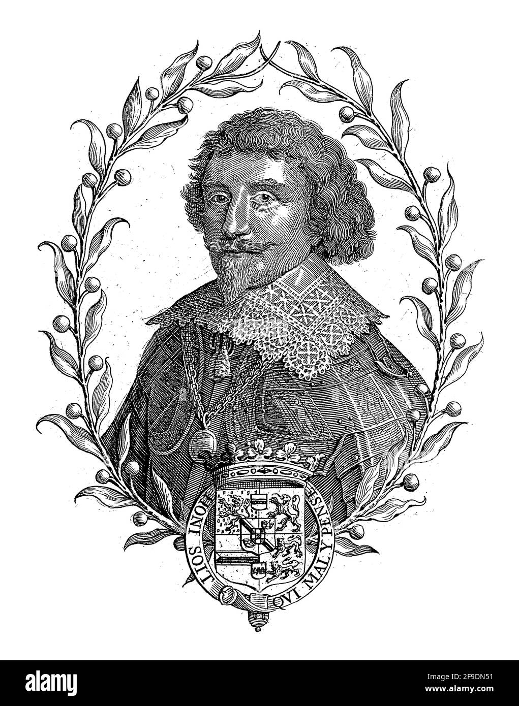 Ritratto di Frederik Hendrik in un ovale di rami arancioni. Al centro del suo stemma con una corona, decorata con il Garter e il motto di Foto Stock