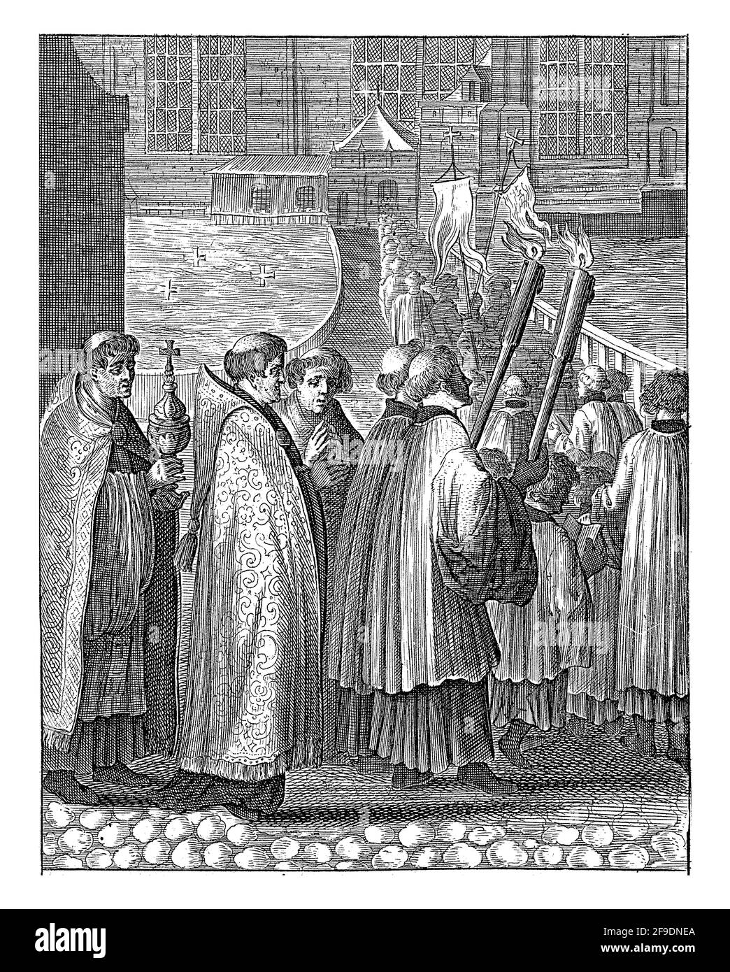 Una processione corre da sinistra a destra verso la chiesa. Stampa n. 6 da una serie di 16 spettacoli del Mirakel di Amsterdam Foto Stock