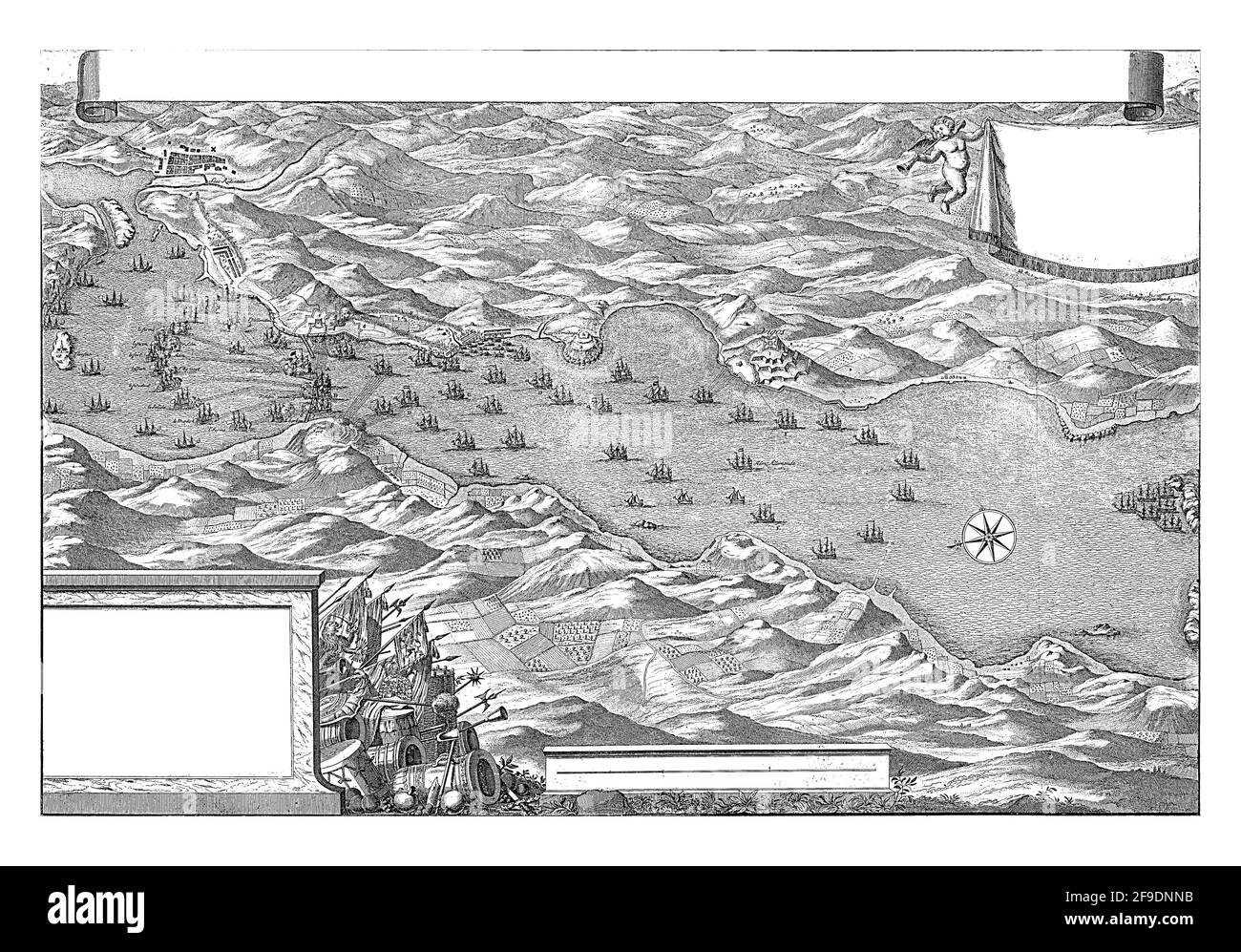 Mappa della battaglia di Vigo che ha avuto luogo il 23 ottobre 1702 tra la flotta inglese-olandese e spagnolo-francese. Foto Stock