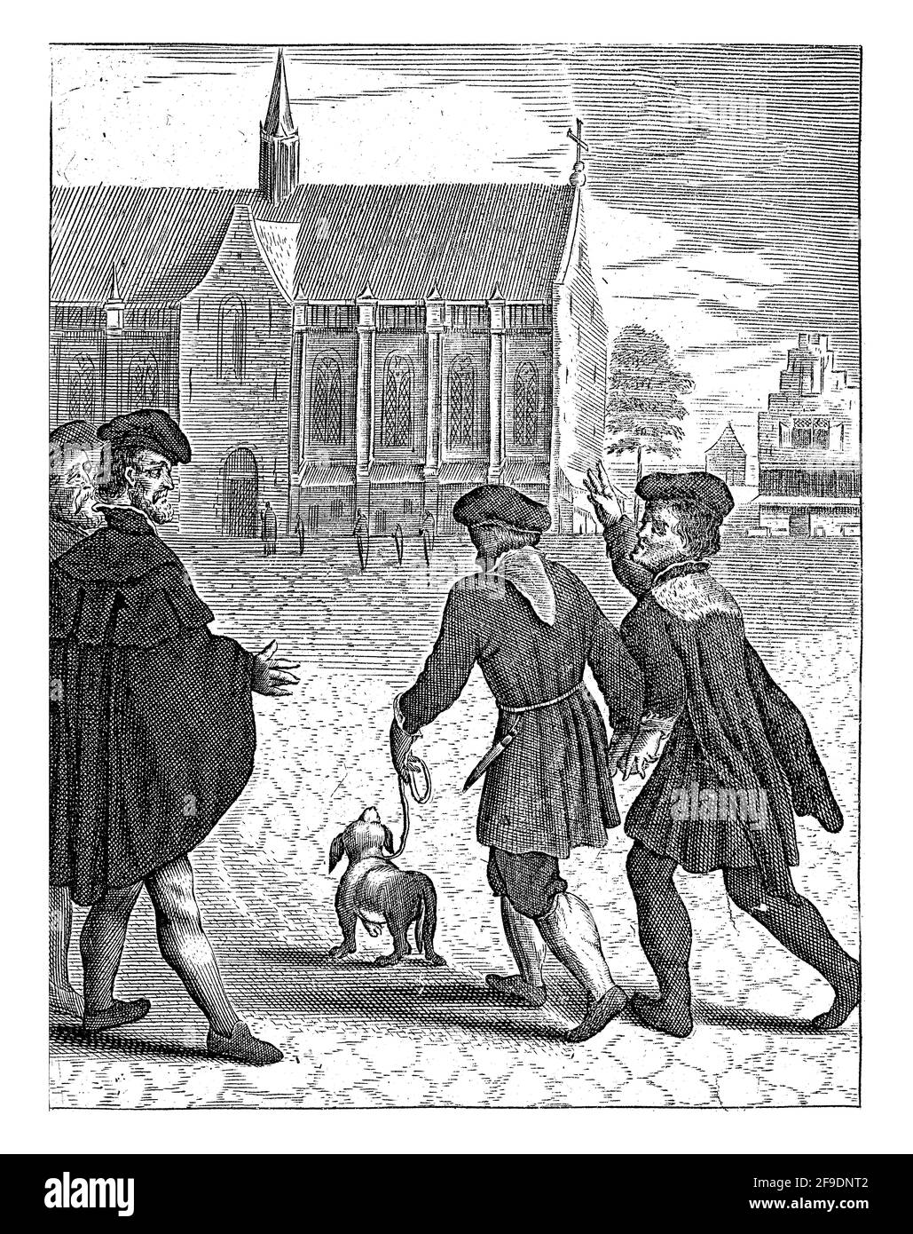 Un uomo cieco con un cane al guinzaglio viene condotto alla chiesa dove l'ospite è tenuto e sarà guarito lì. Foto Stock