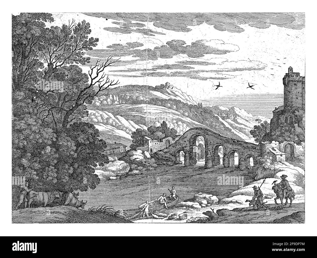 Un paesaggio collinare è intersecato da un fiume. Sopra il fiume un ponte di pietra con cinque archi. Una barca a remi con due uomini si trova a riva. Un terzo uomo è WO Foto Stock