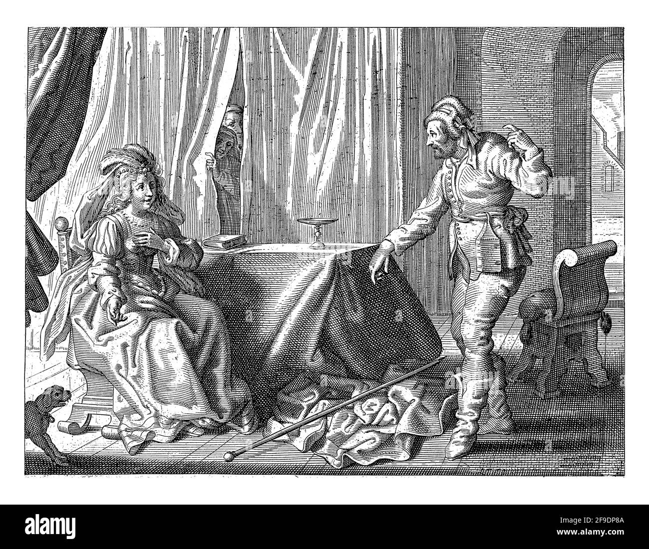 Il filosofo greco Hipparchia van Maroneia è seduto al tavolo e il suo futuro marito Krates van Tebes le propone. Foto Stock