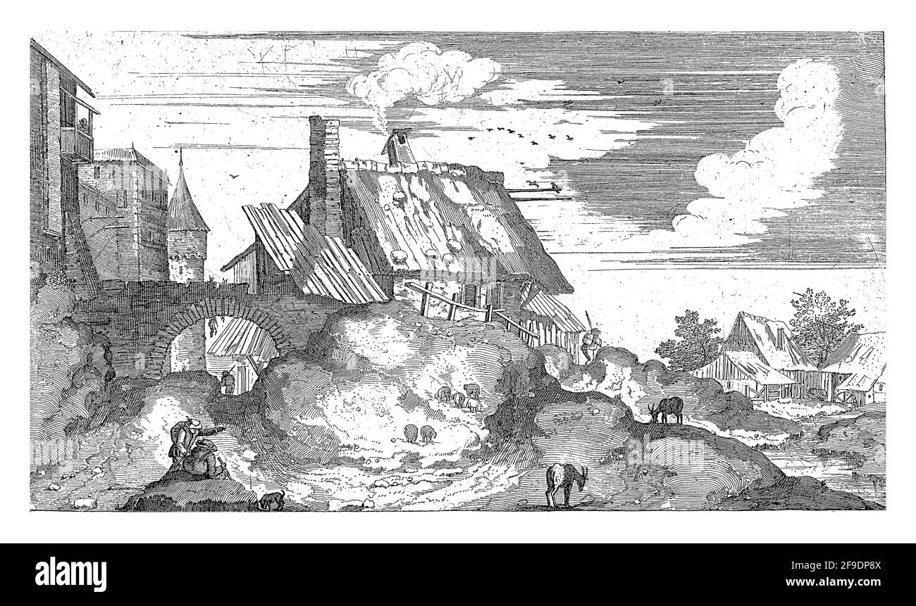 Due viaggiatori riposano su una pietra di fronte al cancello della città. All'esterno del cancello, pecore e capre pascolano su un fiume Foto Stock